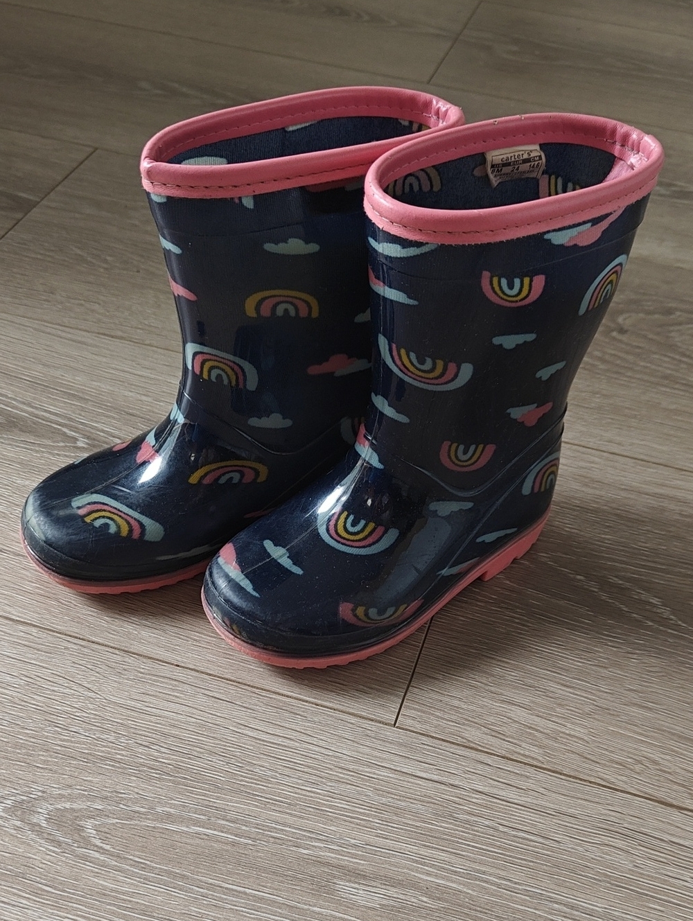 Carter's Toddler 8M Kids Navy Rainbow Rain Boots with Pink Trim